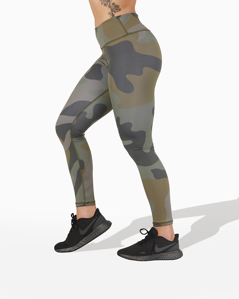 Stylish Green Camo Leggings with High Rise Waist and Pocket - Women's Size L